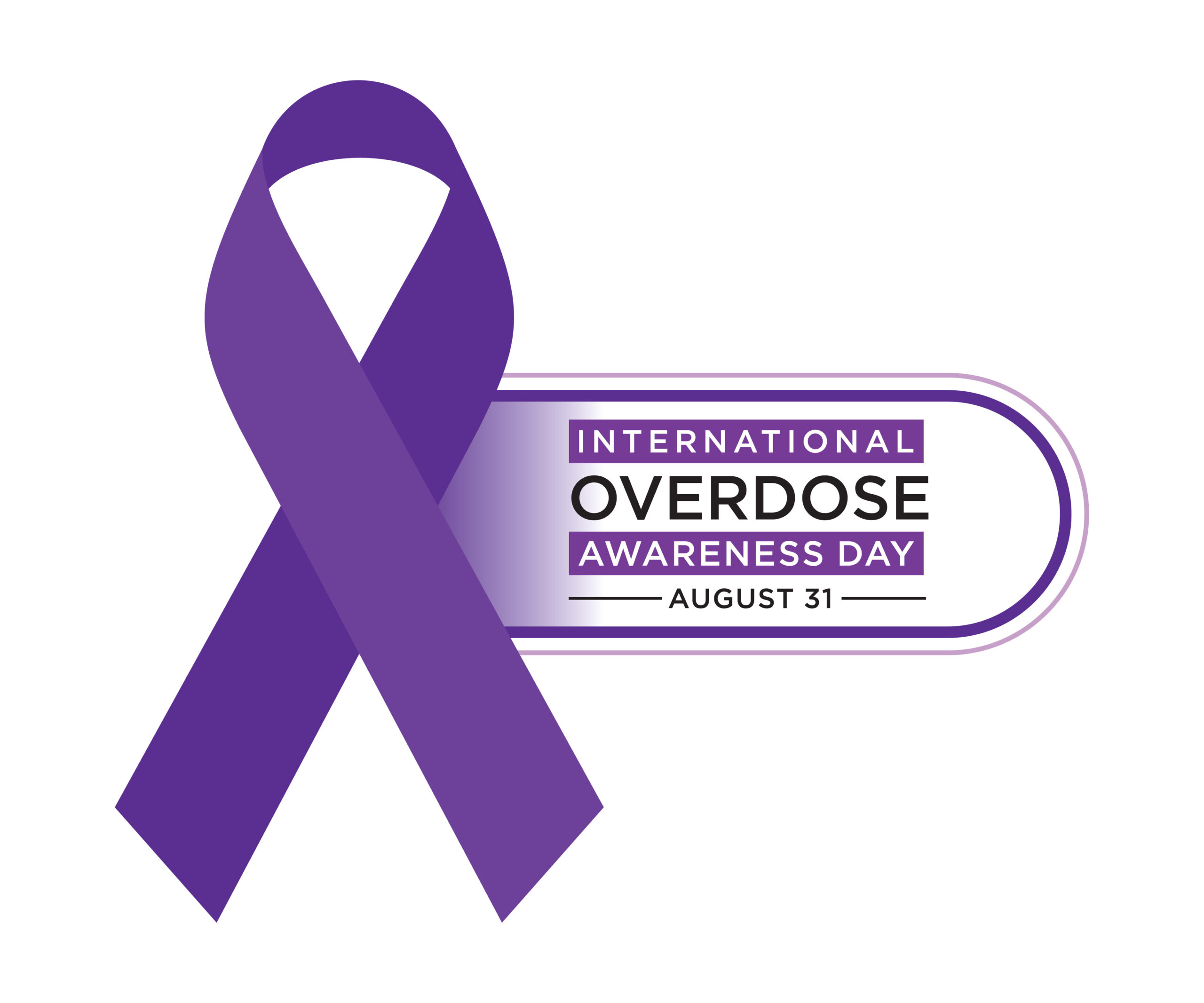 Image of purple ribbon and text for International Overdose Awareness Day on August 31st